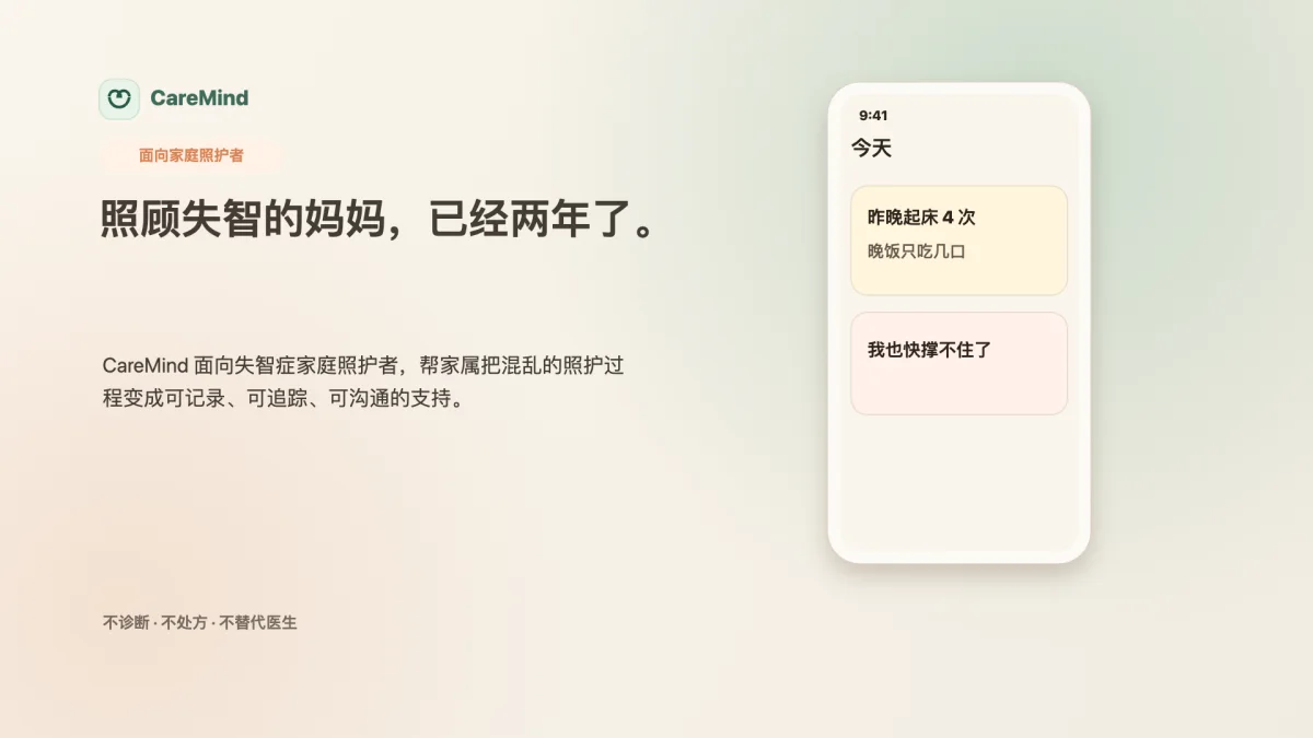 CareMind demonstration poster with a mobile care-journal interface