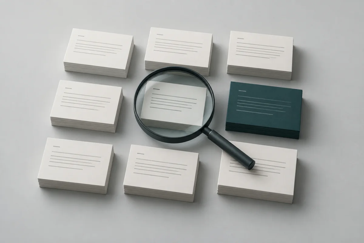 Concept illustration of a lens selecting a document from an archive